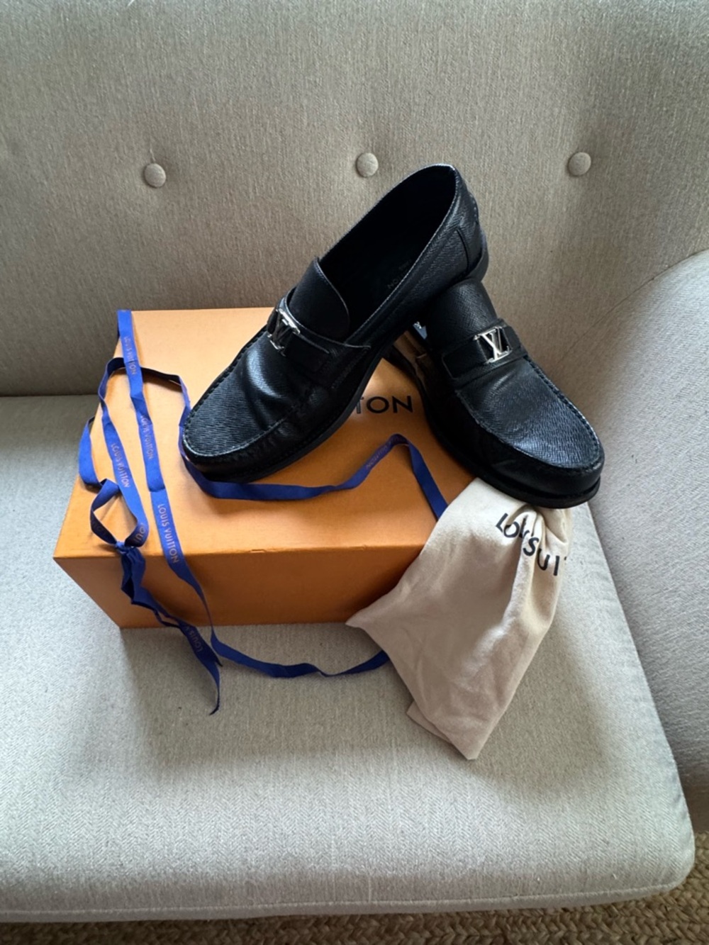 Louis Vuitton Black Leather Men’s Penny Loafers with Silver LV Accent